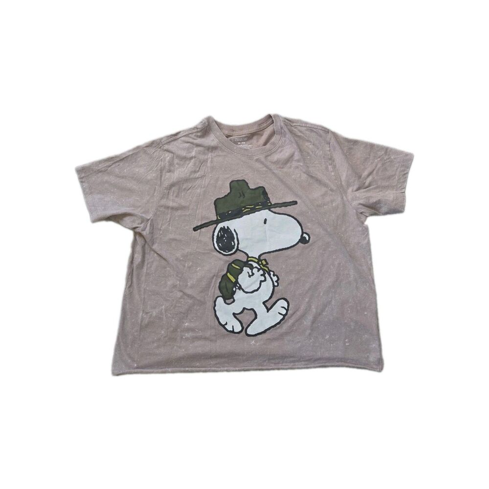 Peanuts Snoopy Scout Cropped T-Shirt Brown Distressed Wash Cotton Size XL EUC